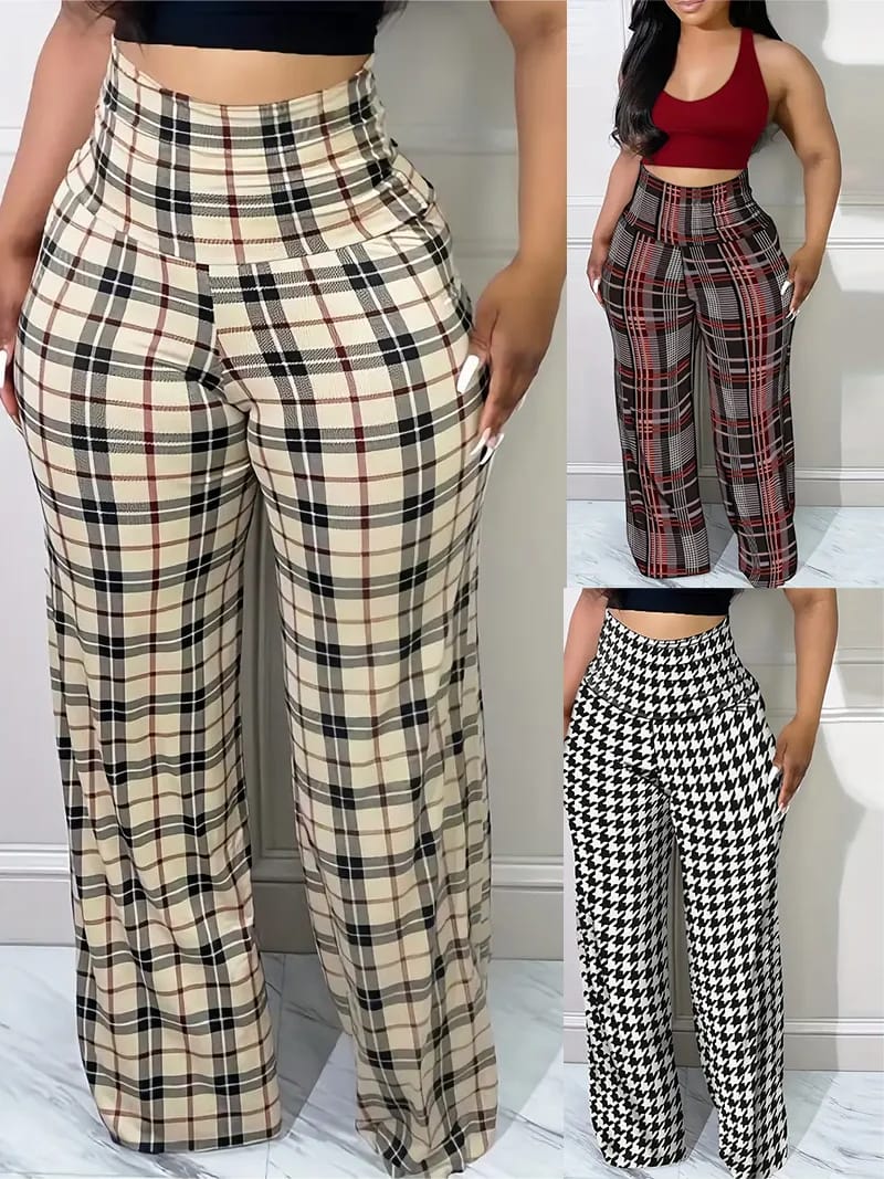 Pantalón Palazo de Mujer Tiro Alto a Cuadros. Diseño Suelto y Casual ideal para Primavera Verano.